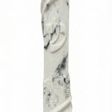 Stone-like cement mezuzah measuring 5.5 inches tall, with Hebrew engraved words, decorative motifs, and a smooth finish, mounted on a white background.
