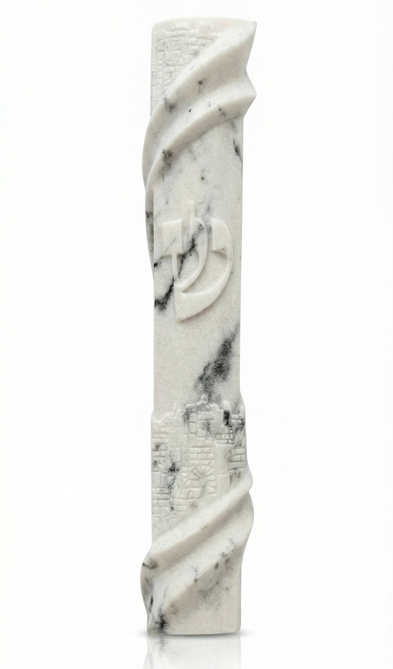 Stone-like cement mezuzah measuring 5.5 inches tall, with Hebrew engraved words, decorative motifs, and a smooth finish, mounted on a white background.