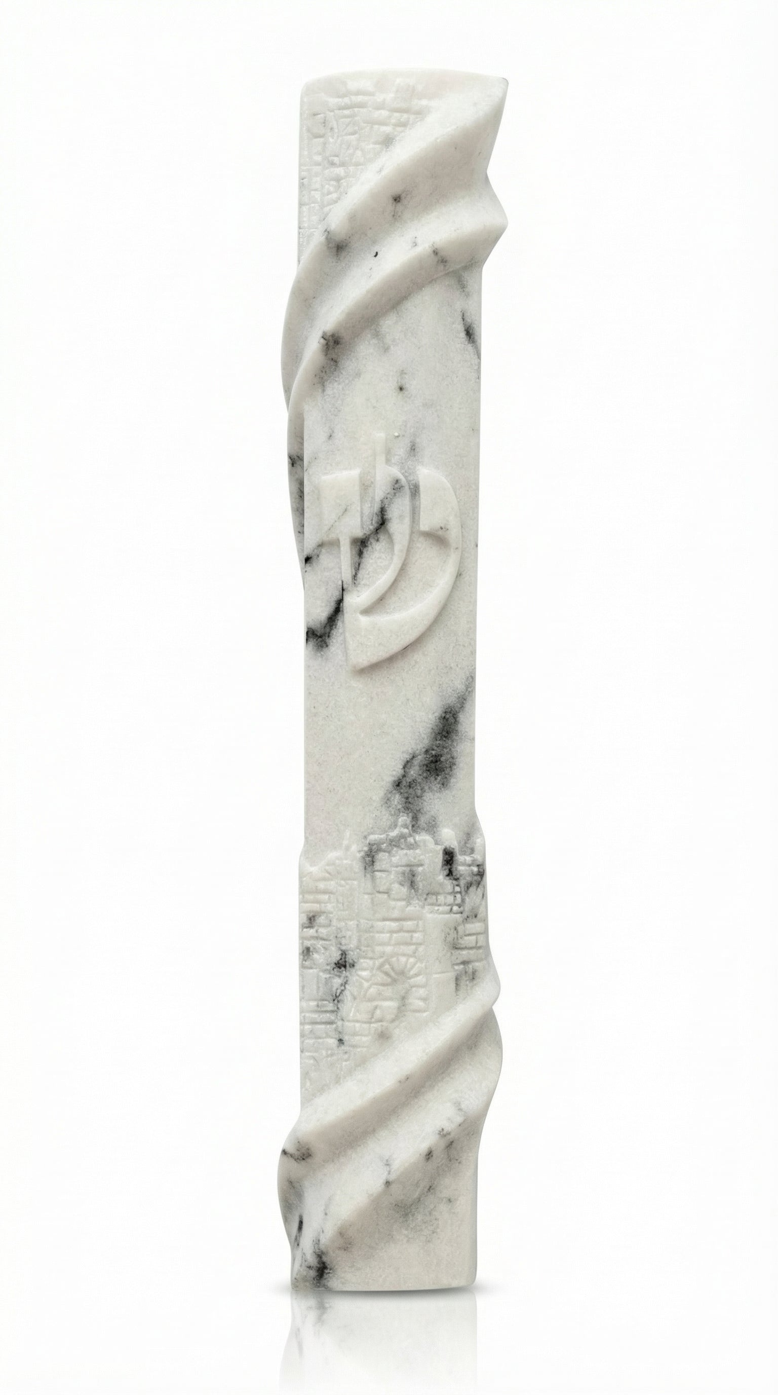 Stone-like cement mezuzah measuring 5.5 inches tall, with Hebrew engraved words, decorative motifs, and a smooth finish