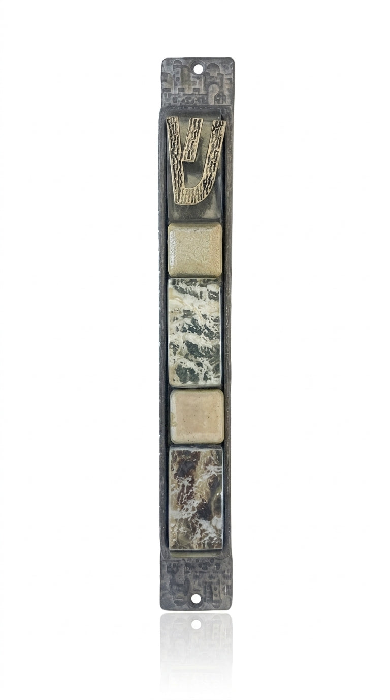Elegant Stone Serenity Mezuzah made of pewter and stones, displayed on a white studio background with a subtle reflection, showcasing detailed craftsmanship.