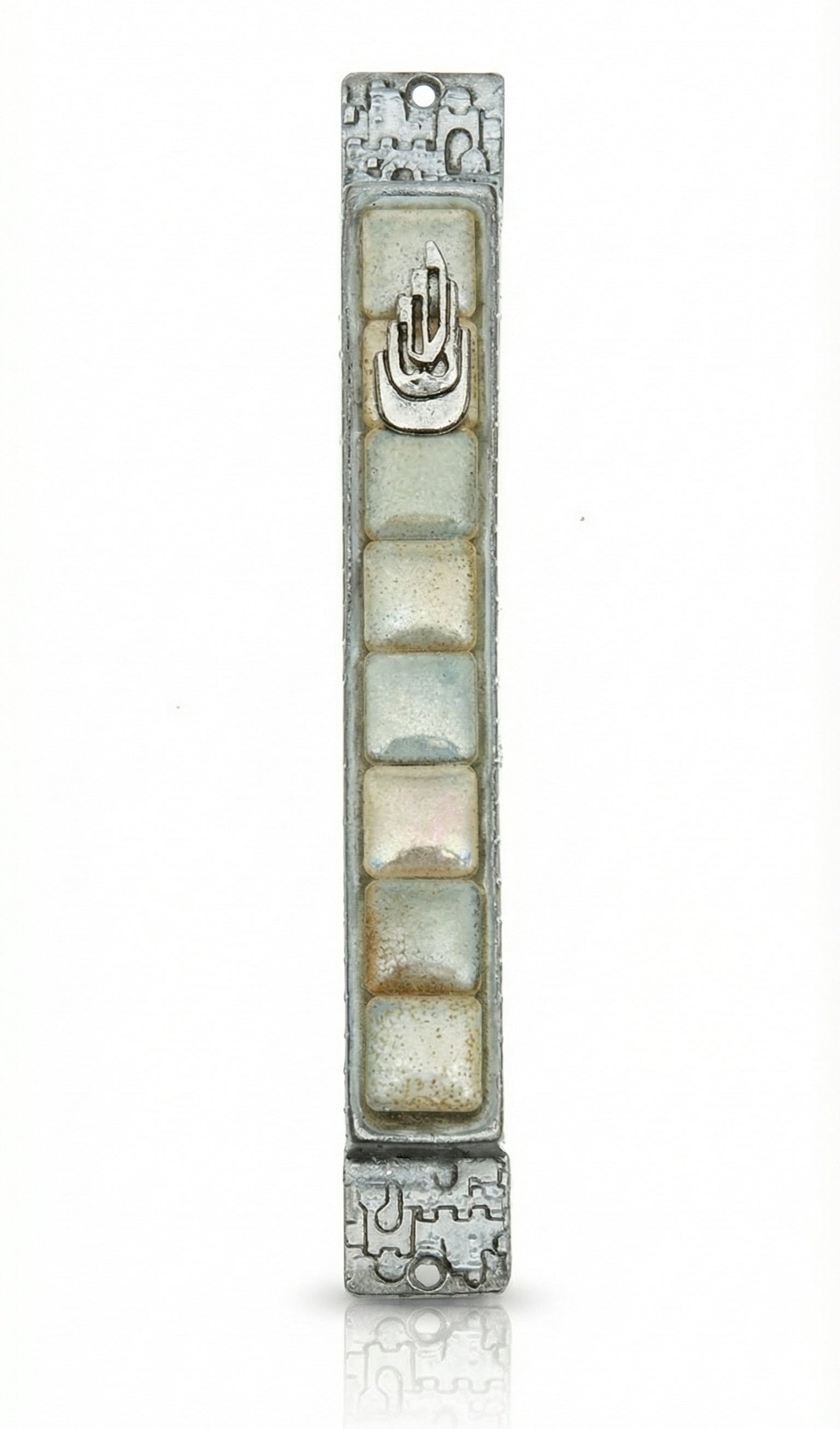 High-quality Stone Serenity Mezuzah made in USA from pewter and stones, with detailed Hebrew engravings, decorative motifs, and fine surface textures.