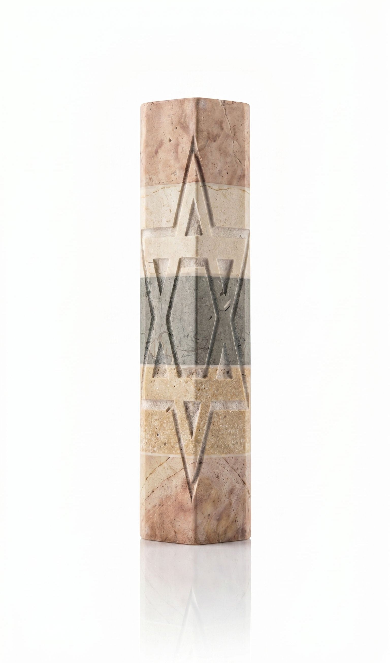 Handcrafted Jerusalem stone Mezuzah case with engraved star of David, triangular shape, measuring 3 7/8 inches tall, 1 3/4 inches wide.