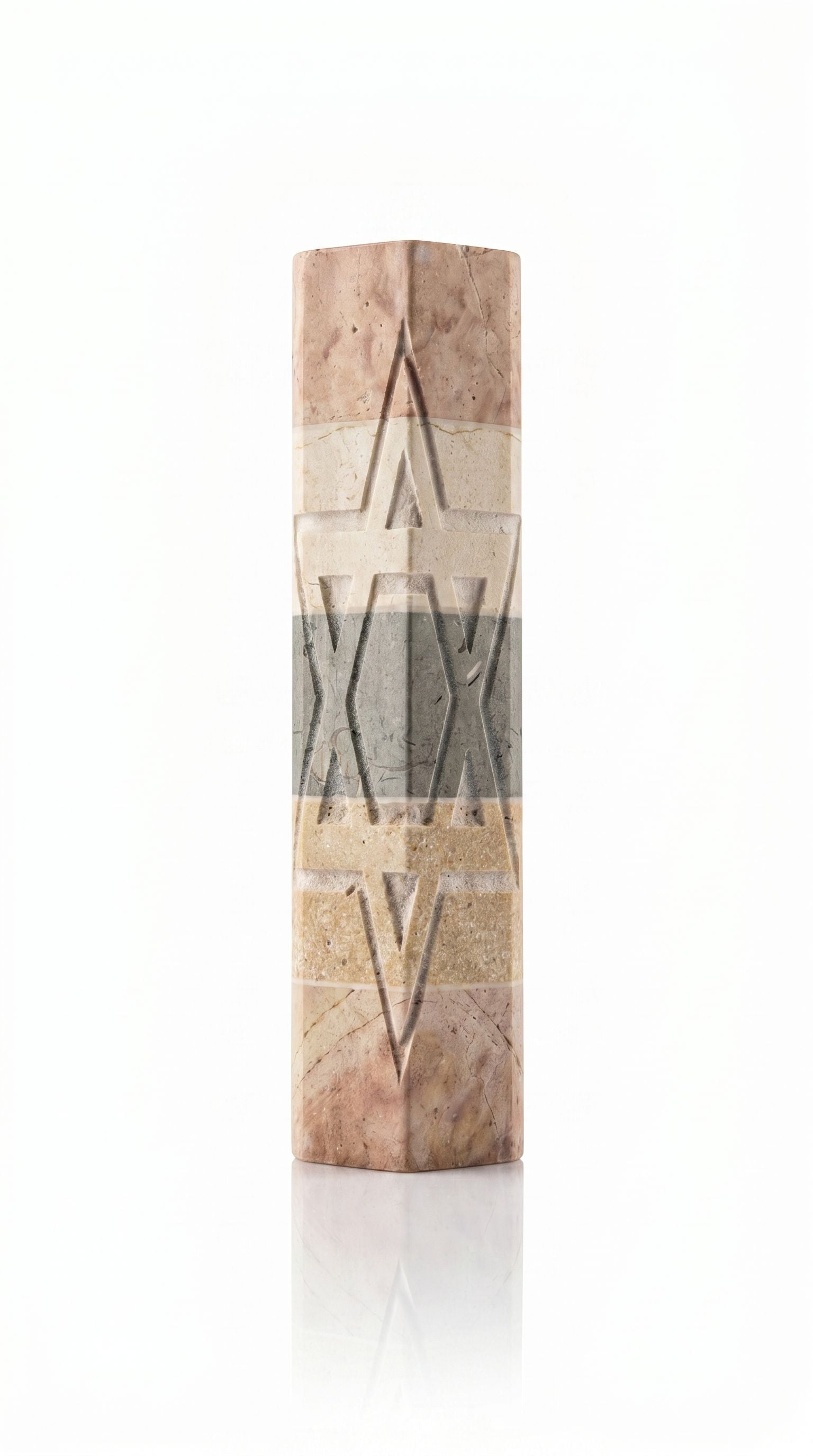 Handcrafted Jerusalem stone Mezuzah case with engraved star of David, triangular shape, measuring 3 7/8 inches tall, 1 3/4 inches wide.