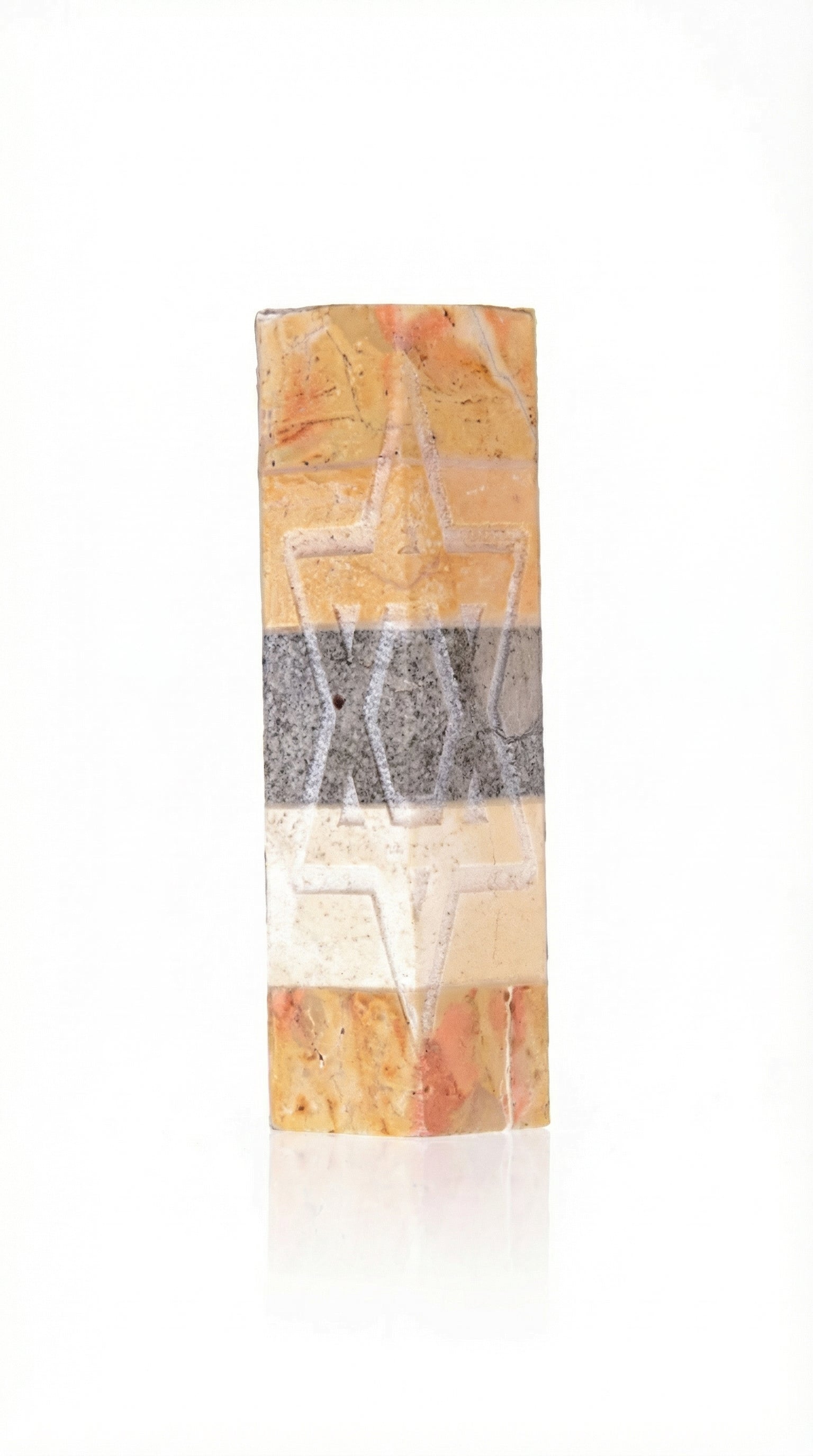 Handcrafted Jerusalem stone Mezuza with engraved star of David in triangular shape, measuring 3 7/8 inches tall with intricate details.