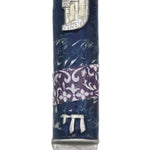 High-resolution image of a pewter Mezuzah featuring the stylized letter Shin and the word Chai, on a bright white studio background with subtle reflection.