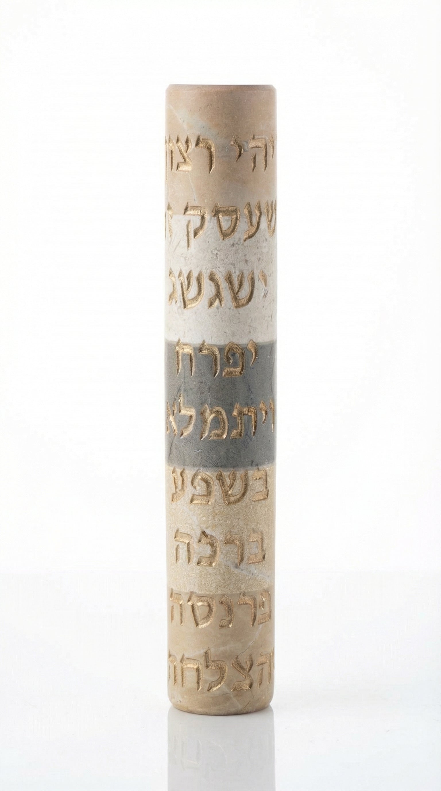 Large Jerusalem stone mezuzah with Hebrew blessing for success, perfect for business doorway or as a gift, detailed craftsmanship, white studio background with soft reflection.