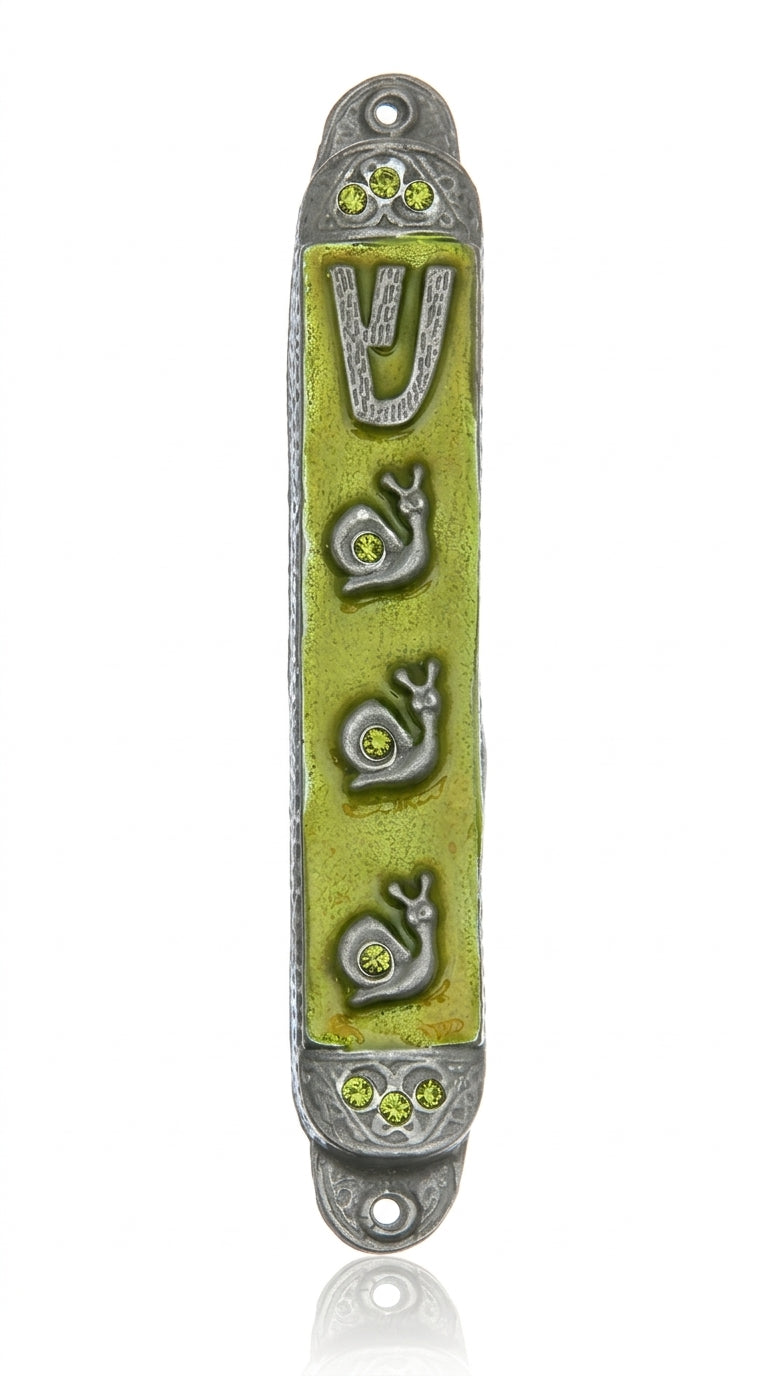 Pewter Summer Rain Mezuzah featuring grass motifs, hand-painted with enamel, designed for Jewish home doorways, includes space for a 4-inch scroll.