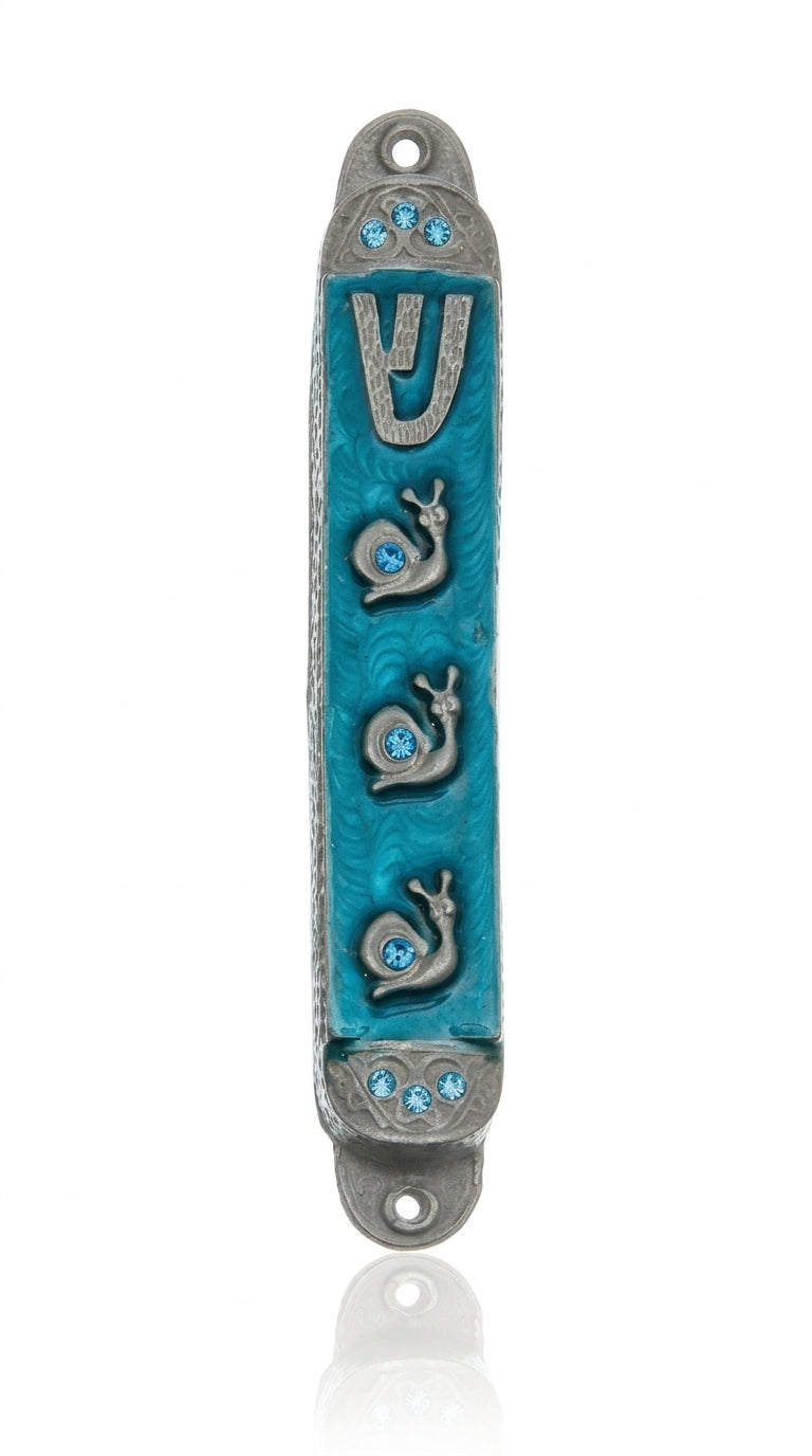 High-resolution image of Summer Rain Pewter Mezuzah Sky with clear details, on a bright white background with soft reflection, showcasing intricate design and craftsmanship.