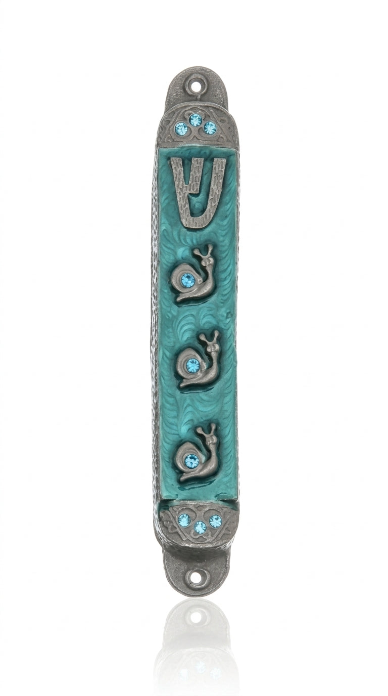Upscale high-resolution image of a Pewter Summer Rain Mezuzah with Splash design, adorned with three snails, on a bright white studio background.