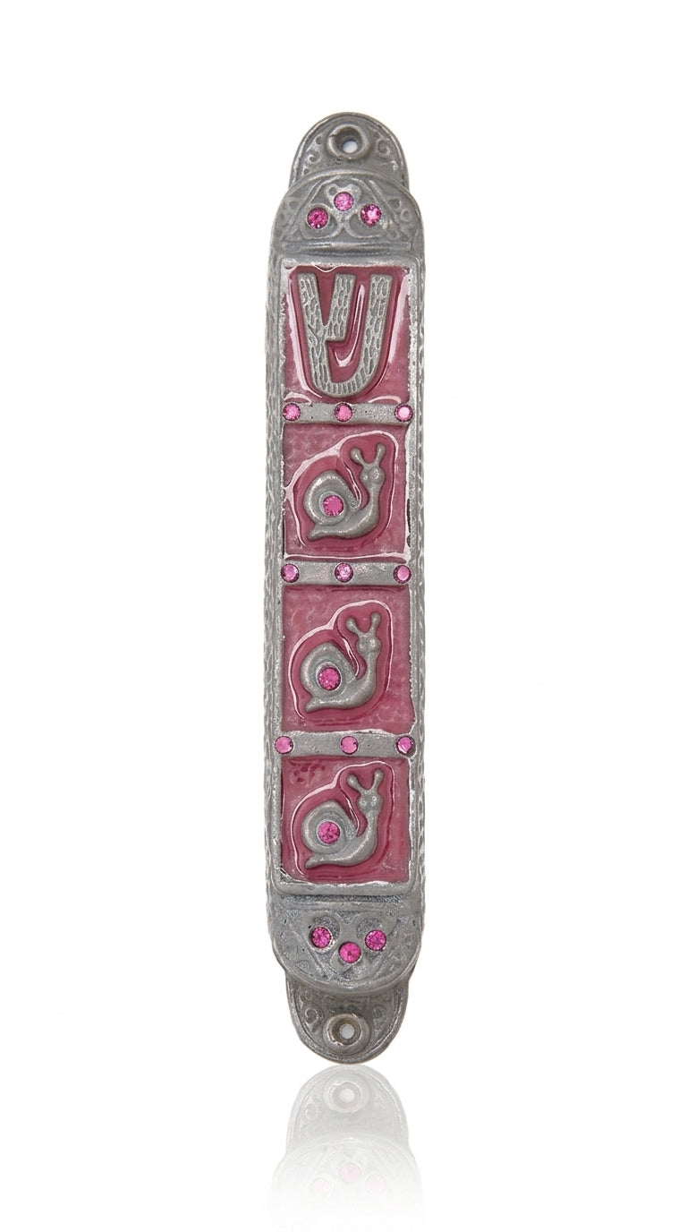 Pewter mezuzah featuring a rainy day scene with three charming snails in hand-painted enamel, designed for home blessing and door decoration.