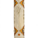 High-quality Sunrise II Mezuzah crafted in brass, featuring detailed Hebrew engravings and decorative motifs, on a white studio background with soft reflection.