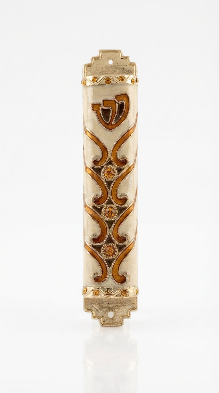 Close-up of a brass Sunrise Mezuzah with detailed Hebrew engravings, shown on a white studio background with a subtle reflection.