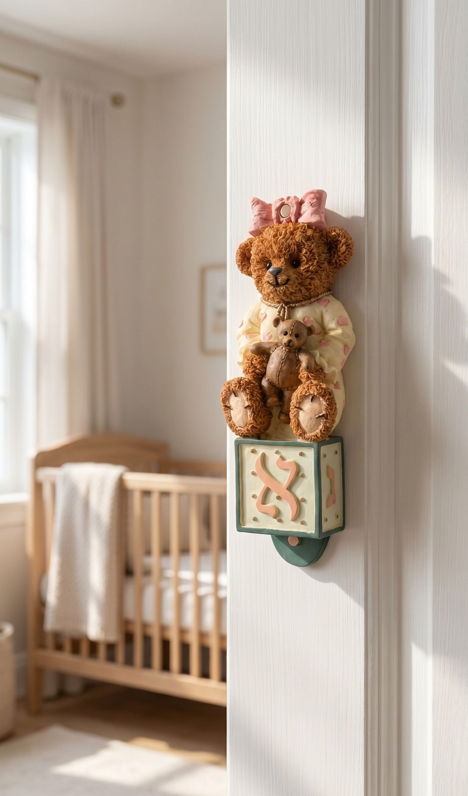Hand-painted Teddy Aleph Bear Mezuzah case in soft cream, pink, brown, and green tones, mounted inside a doorway in a nursery or child's room.
