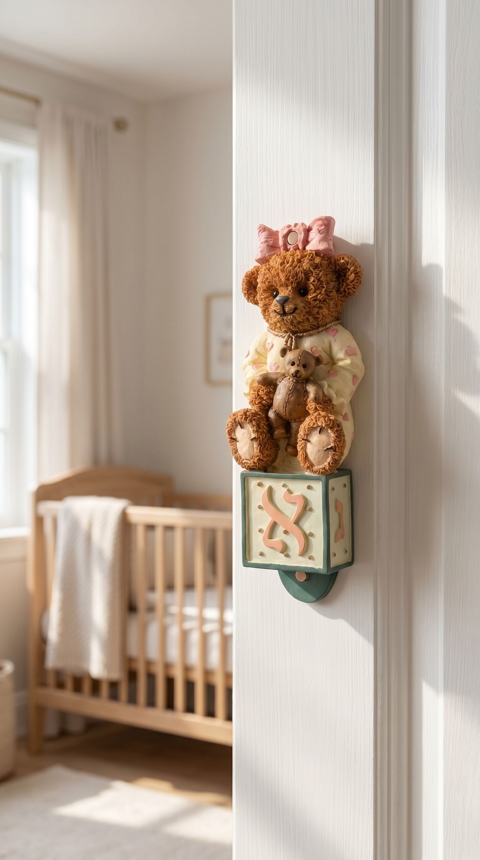 Hand-painted Teddy Aleph Bear Mezuzah case in soft cream, pink, brown, and green tones, mounted inside a doorway in a nursery or child's room.