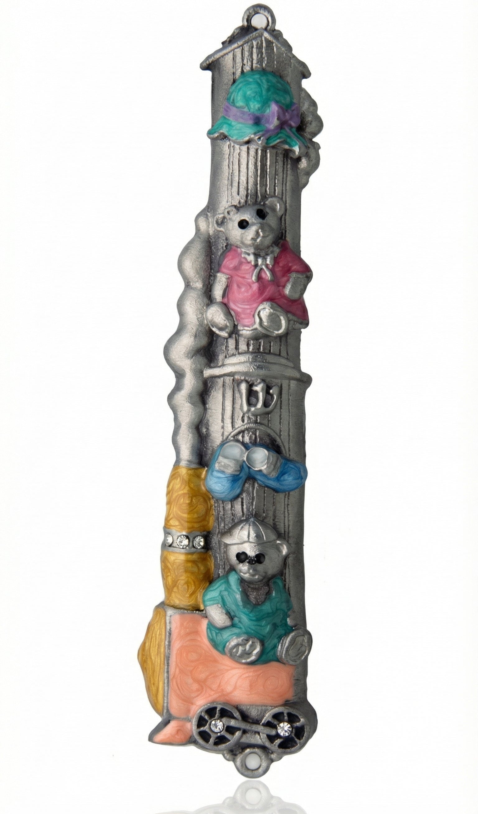 Teddy Bear Train Pewter Mezuzah with charming train design, shimmer accents, and playful colors, perfect for a child's bedroom door.
