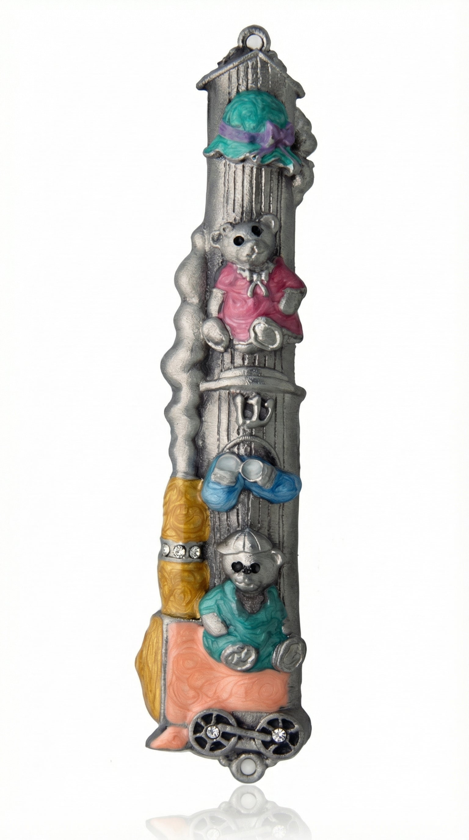 Teddy Bear Train Pewter Mezuzah with charming train design, shimmer accents, and playful colors, perfect for a child's bedroom door.