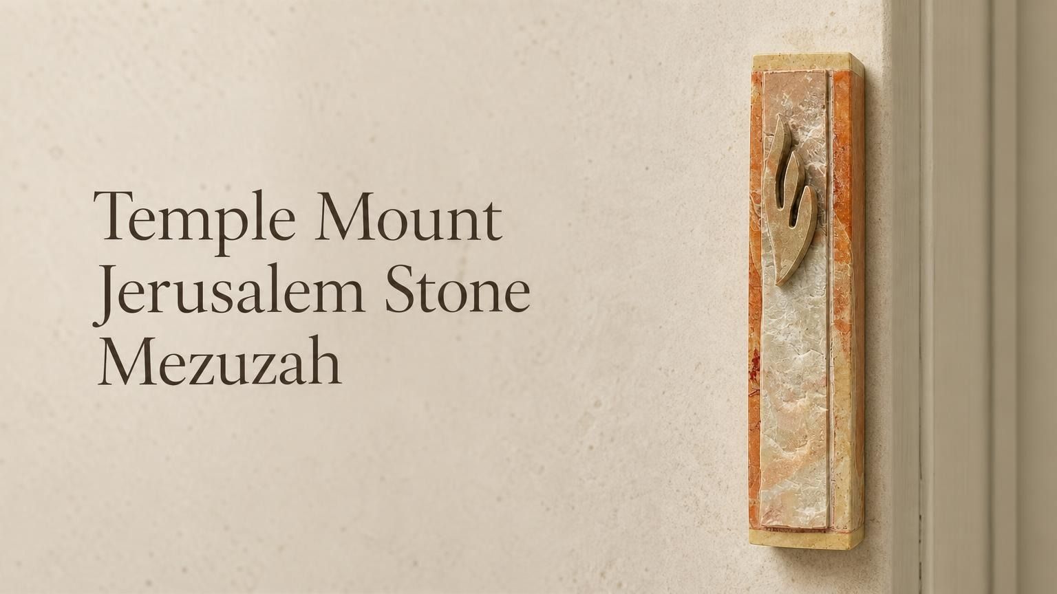 Temple Mount Jerusalem stone mezuzah case mounted vertically beside a doorway, featuring natural cream and warm rust-colored Jerusalem stone with a raised metallic Hebrew Shin. This traditional stone mezuzah brings the look and character of Jerusalem to a Jewish home, entrance, or interior doorway