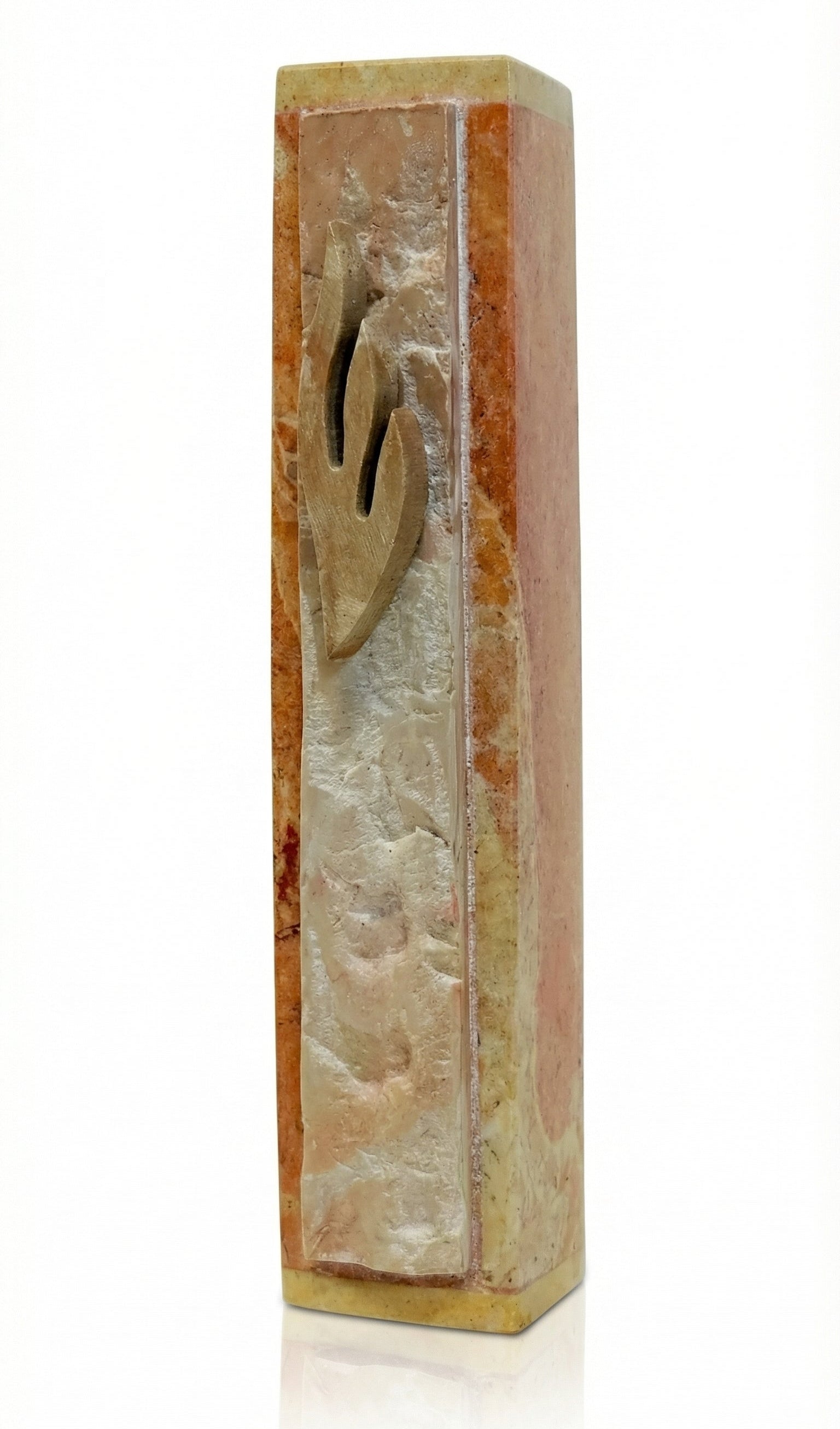 Salvaged stone Temple Mount Mezuzah with Hebrew engravings, carved from stones excavated during Jerusalem construction, detailed and authentic.
