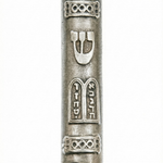 Ten Commandments Mezuzah with antiqued silver pewter finish, raised Hebrew Shin, ten tablet design and mounting holes