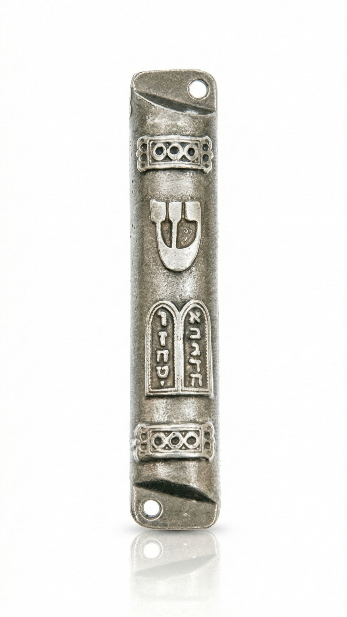 Ten Commandments Mezuzah with antiqued silver pewter finish, raised Hebrew Shin, ten tablet design and mounting holes