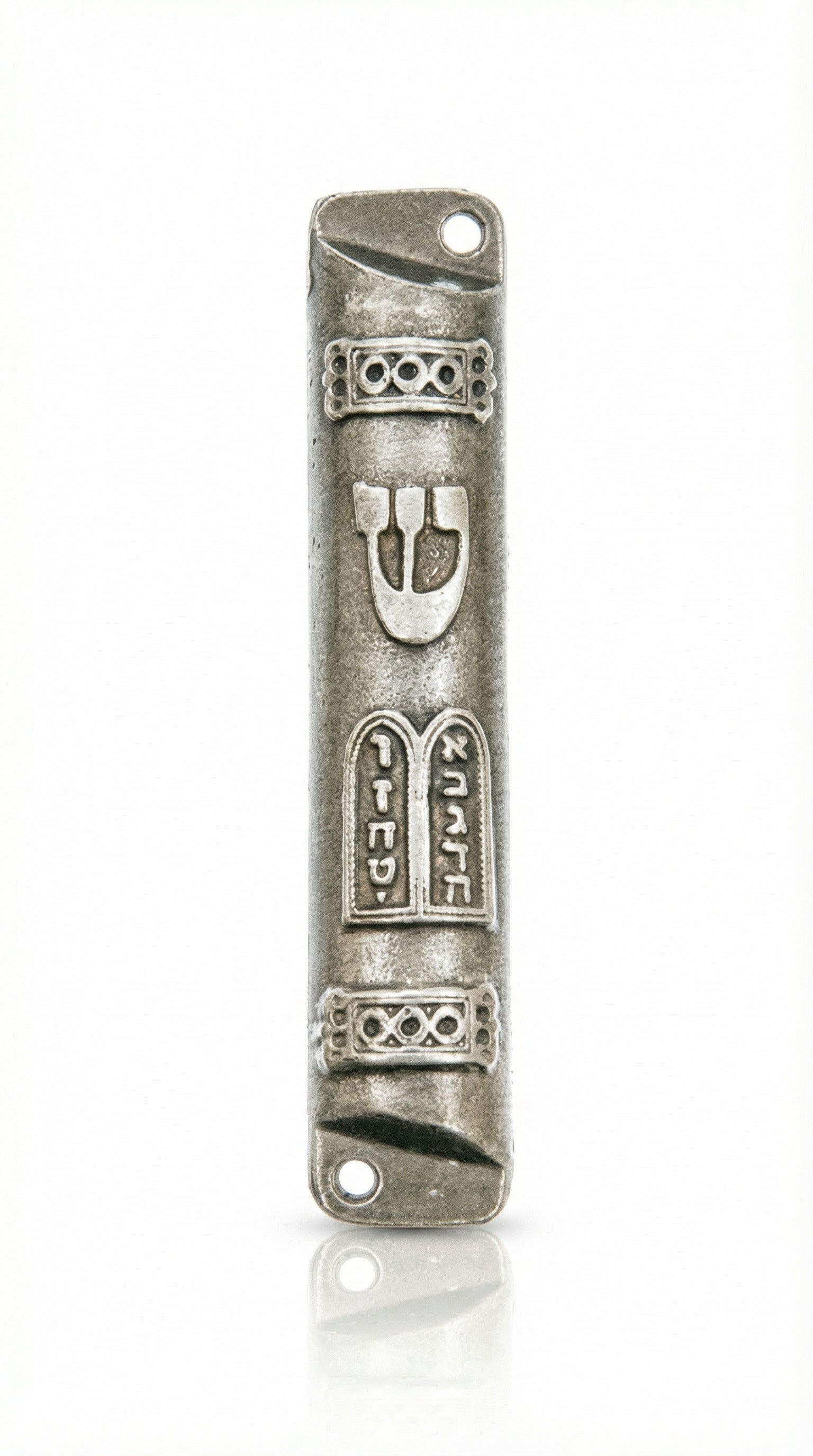 Ten Commandments Mezuzah with antiqued silver pewter finish, raised Hebrew Shin, tablet design and mounting holes