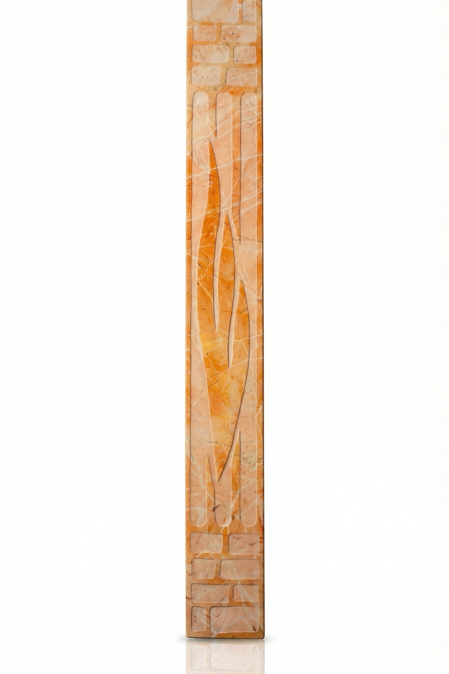 Large 26-inch tall Mezuzah made from Jerusalem stone, featuring Hebrew inscriptions and decorative motifs, displayed on a white studio background with a soft reflection.