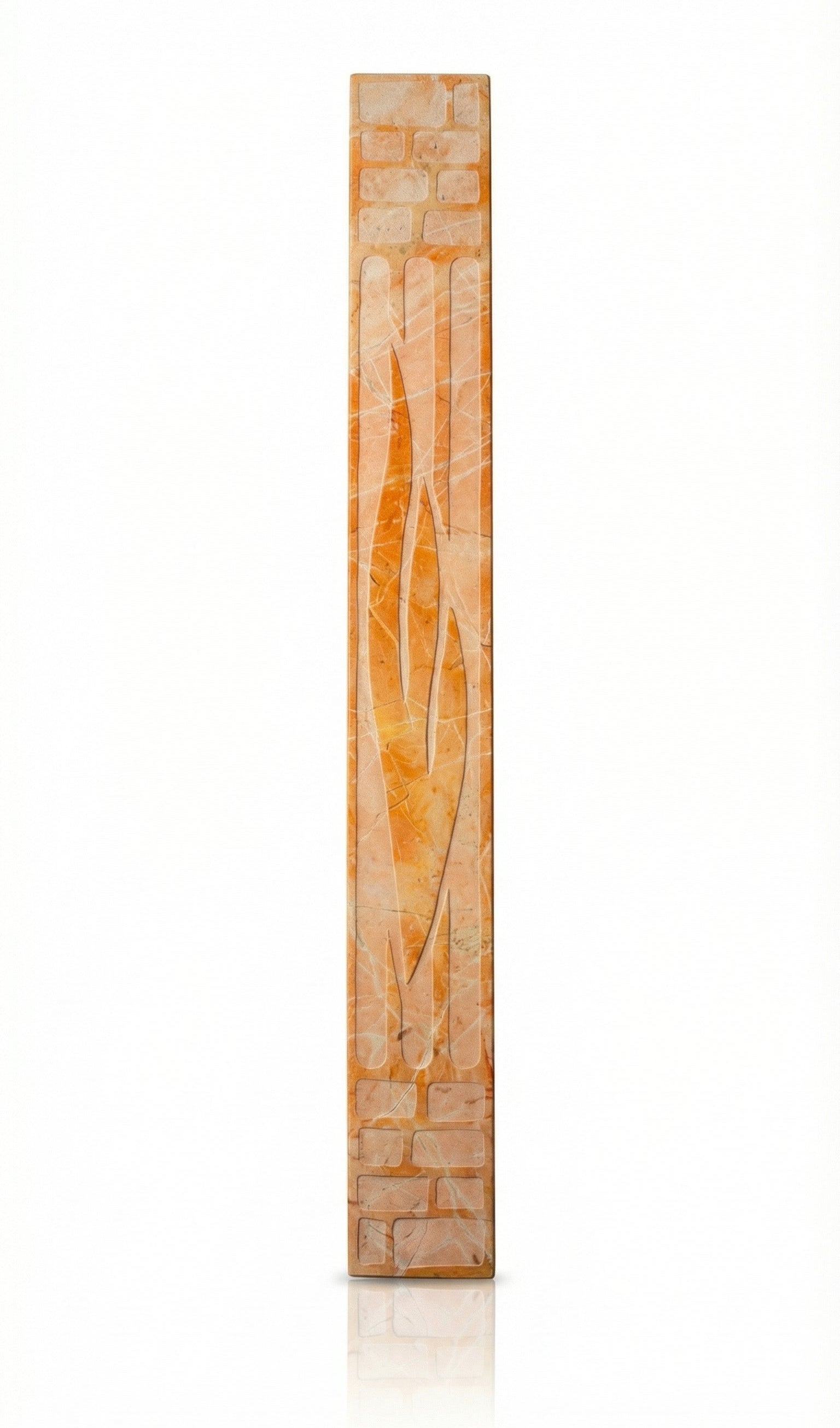 Large 26-inch tall Mezuzah made from Jerusalem stone, featuring Hebrew inscriptions and decorative motifs, displayed on a white studio background with a soft reflection.