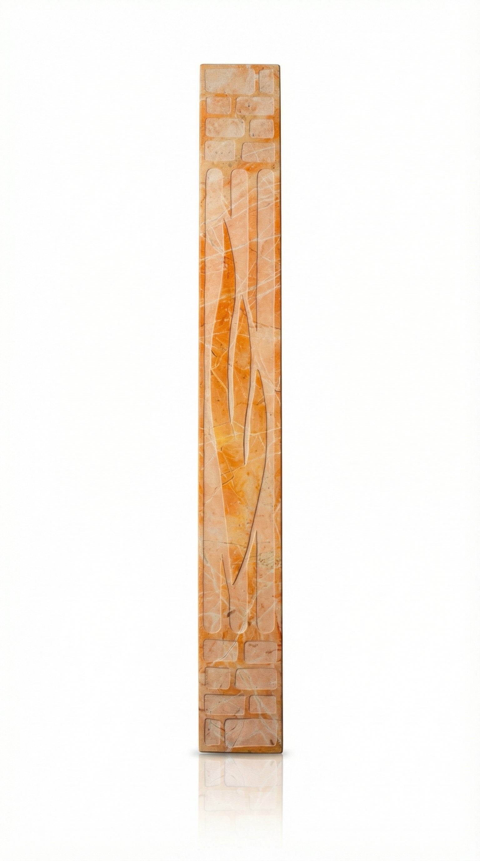 Large 26-inch tall Mezuzah made from Jerusalem stone, featuring Hebrew inscriptions and decorative motifs, displayed on a white studio background with a soft reflection.