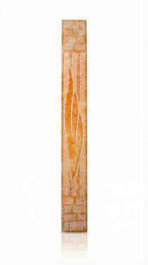 Large 26-inch tall Mezuzah made from Jerusalem stone, featuring Hebrew inscriptions and decorative motifs, displayed on a white studio background with a soft reflection.
