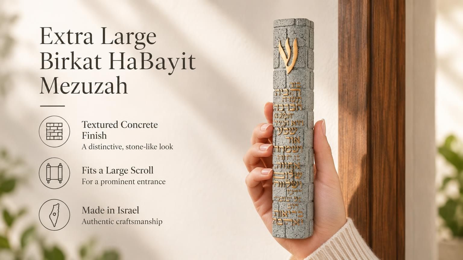 Close up of a hand holding a large gray stone-textured mezuzah featuring a gold Shin and Birkat HaBayit engraving.