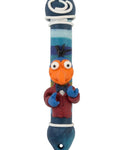 Handmade Israeli Mezuzah featuring The Great Gonzo, 4 inches tall, with detailed Hebrew engravings and decorative motifs, on a white studio background.