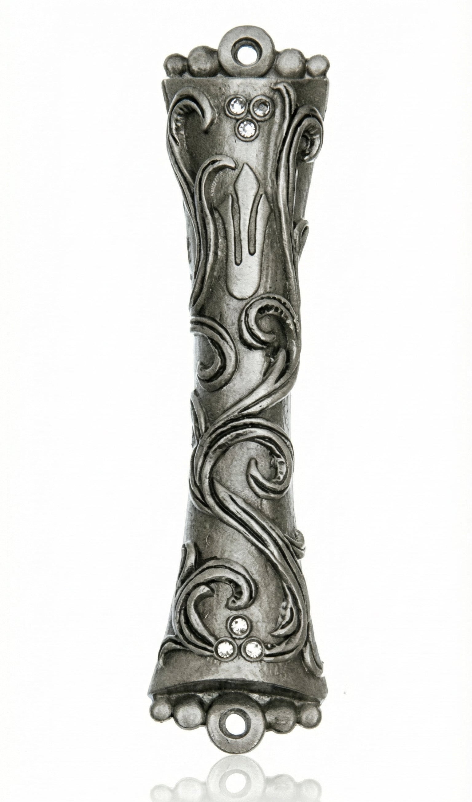 Decorative mezuzah crafted from pewter with Swarovski stones, featuring The Great Wave design, suited for doors with a white studio background and soft reflection.