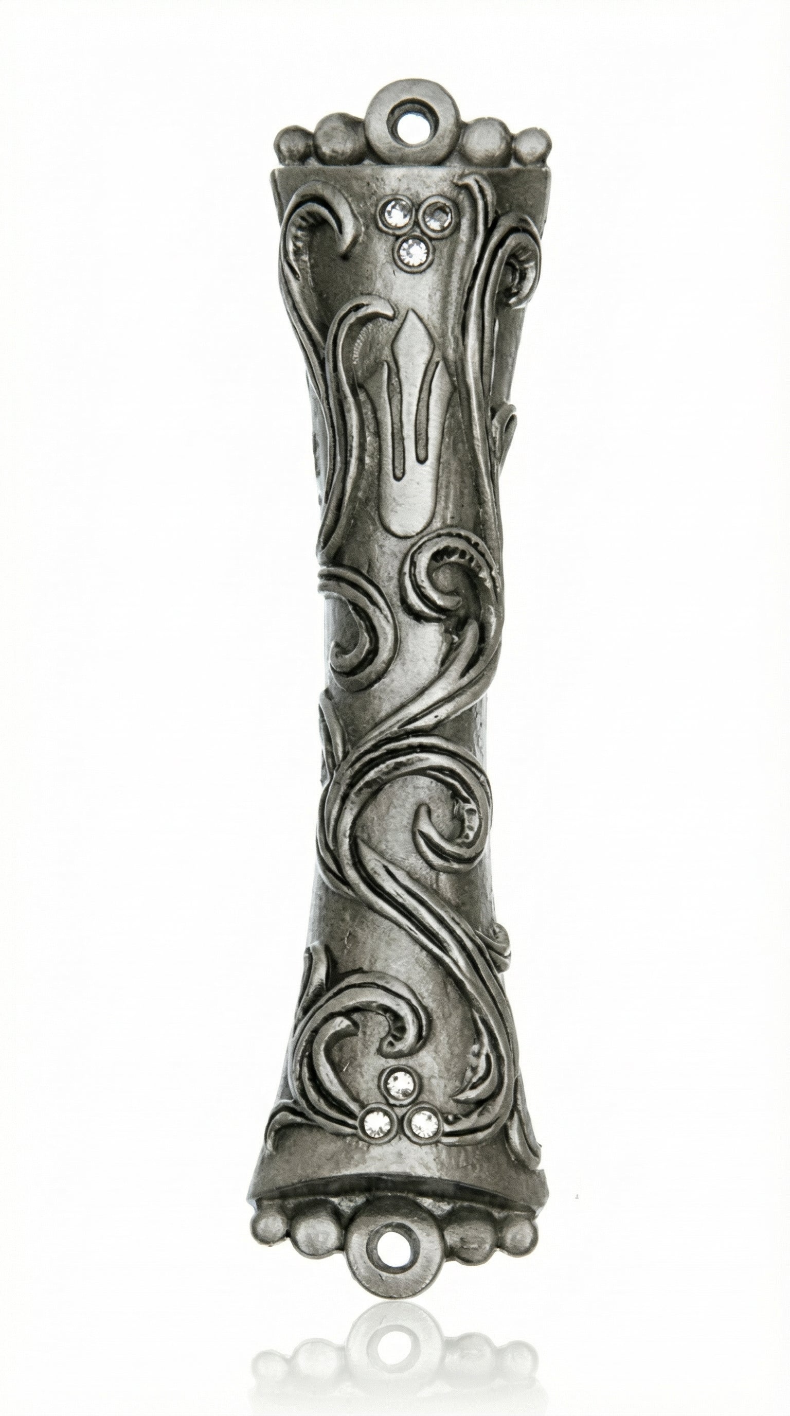Decorative mezuzah crafted from pewter with Swarovski stones, featuring The Great Wave design, suited for doors with a white studio background and soft reflection.