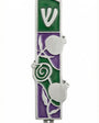 High-resolution image of a pewter pomegranate mezuzah with intricate Hebrew detailing on a white studio background with soft reflection.