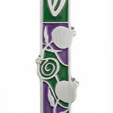 High-resolution image of a pewter pomegranate mezuzah with intricate Hebrew detailing on a white studio background with soft reflection.