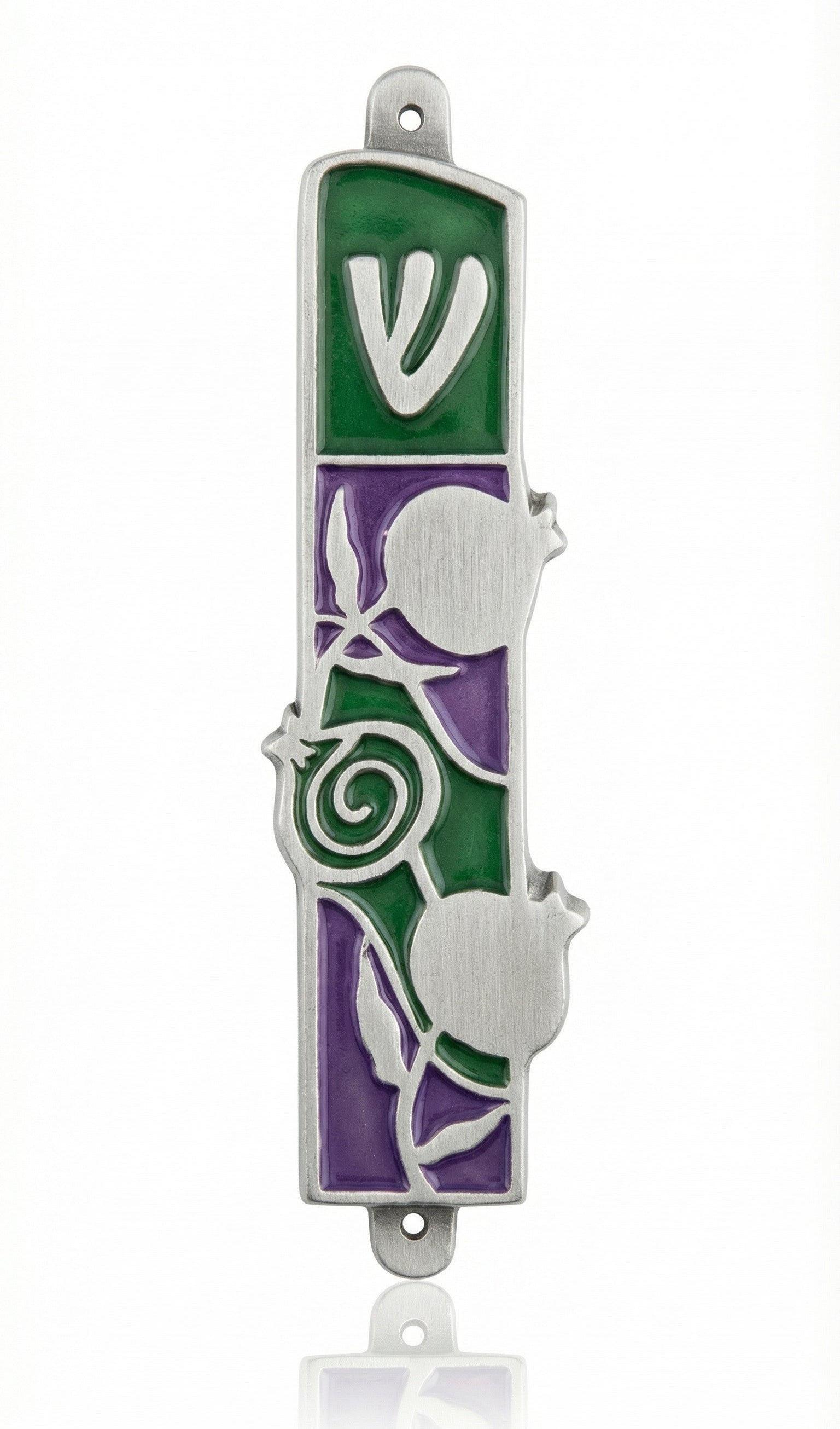 High-resolution image of a pewter pomegranate mezuzah with intricate Hebrew detailing on a white studio background with soft reflection.