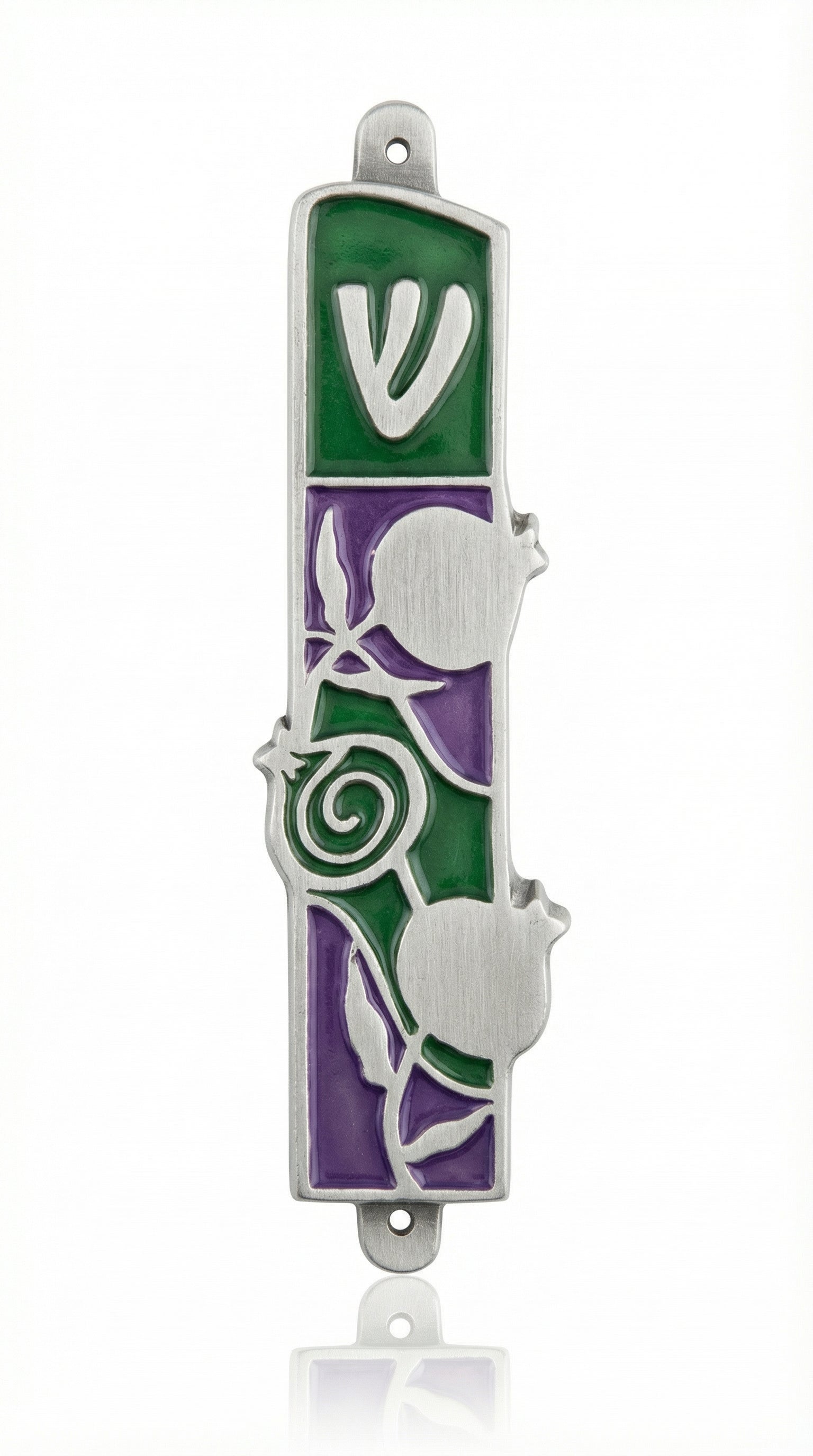 High-resolution image of a pewter pomegranate mezuzah with intricate Hebrew detailing on a white studio background with soft reflection.