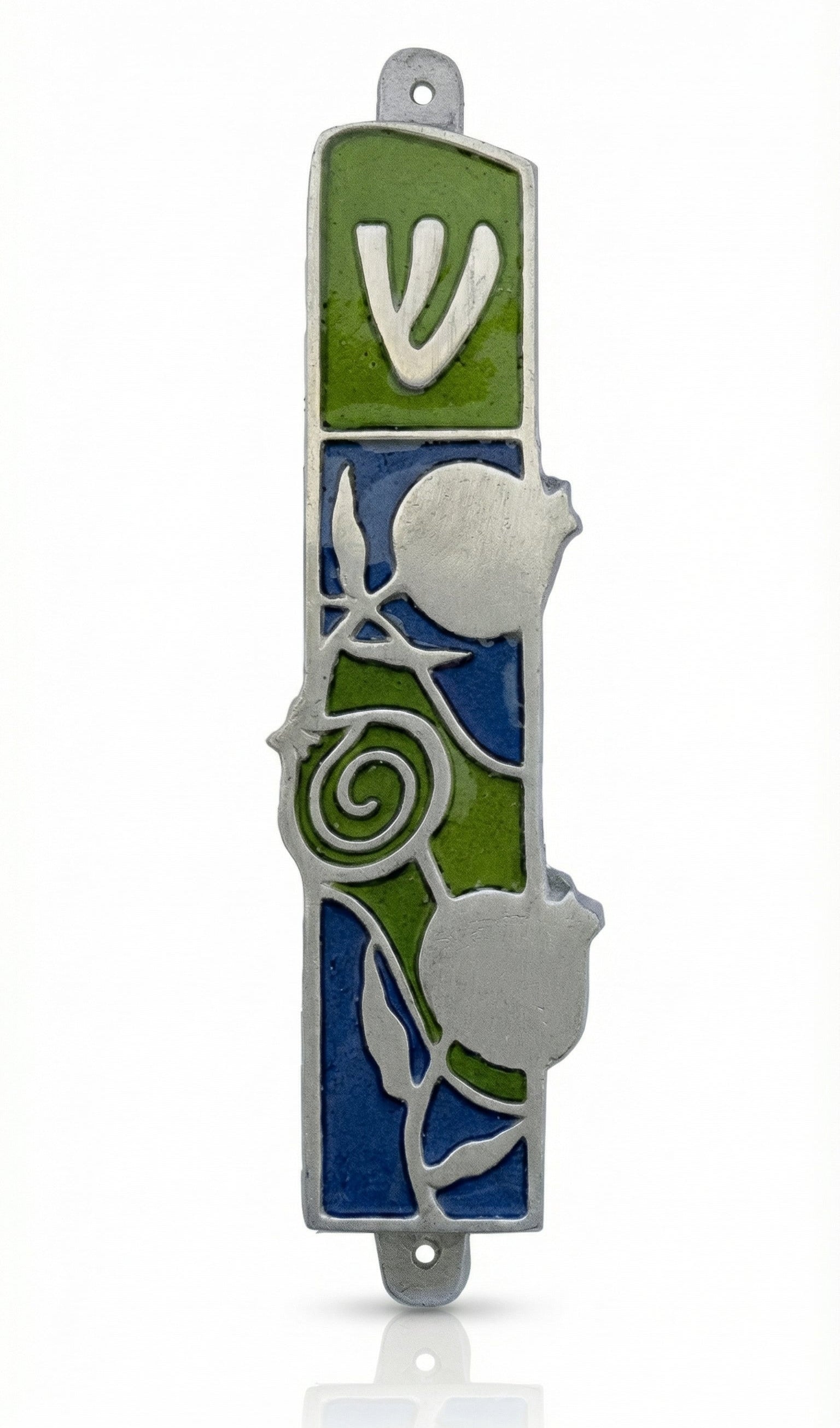 Pewter mezuzah with pomegranate motif, Hebrew script, detailed design, on a white studio background with subtle reflection.