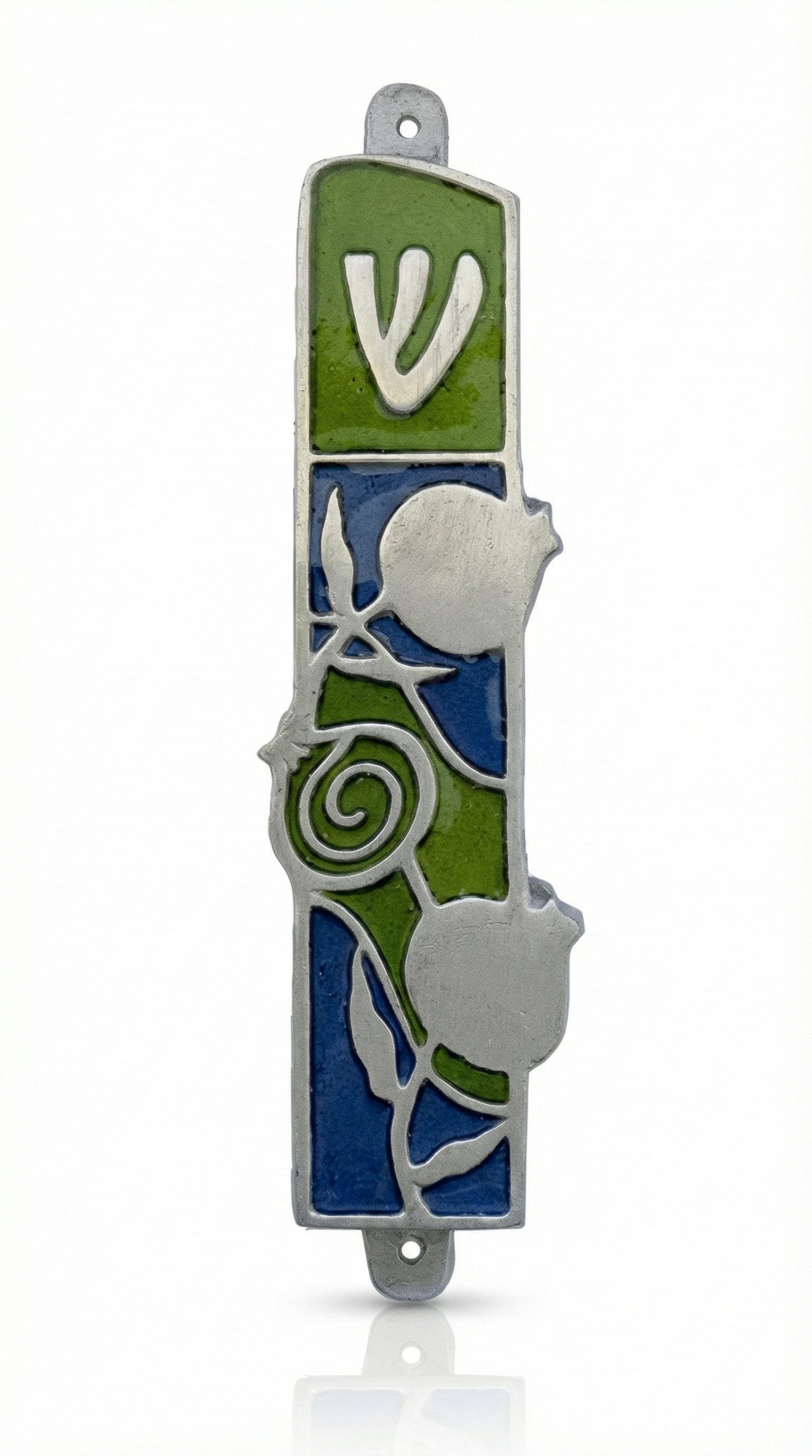 Pewter mezuzah with pomegranate motif, Hebrew script, detailed design, on a white studio background with subtle reflection.