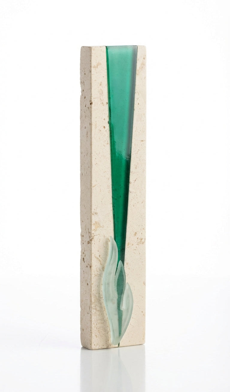 High-resolution image of The Sea Mezuzah crafted from Jerusalem stone with detailed Hebrew inscriptions and decorative motifs on a polished white surface.