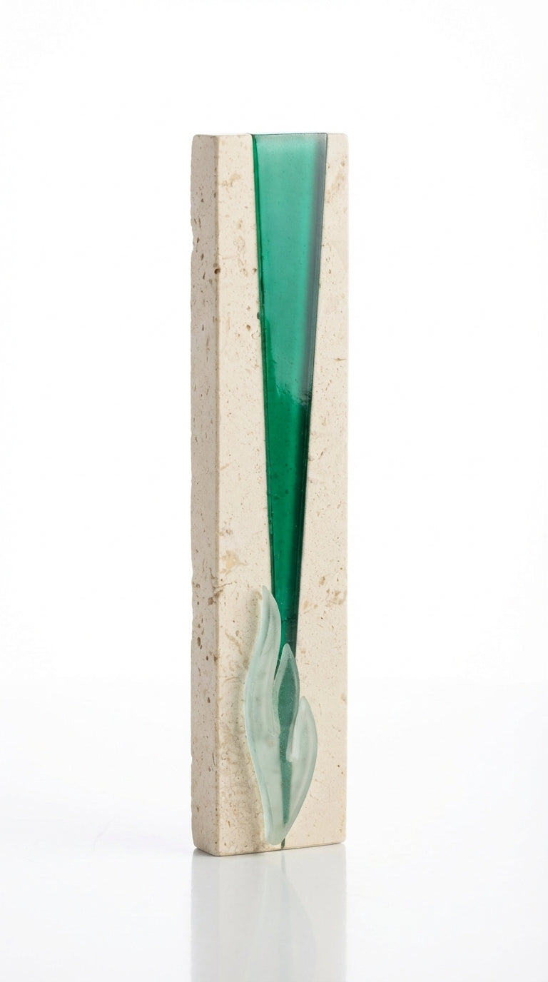 High-resolution image of The Sea Mezuzah crafted from Jerusalem stone with detailed Hebrew inscriptions and decorative motifs on a polished white surface.