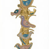 Detailed image of The Shalom Birds Mezuzah made of pewter with enamel painting, displayed vertically on a clean white background with a subtle reflection.