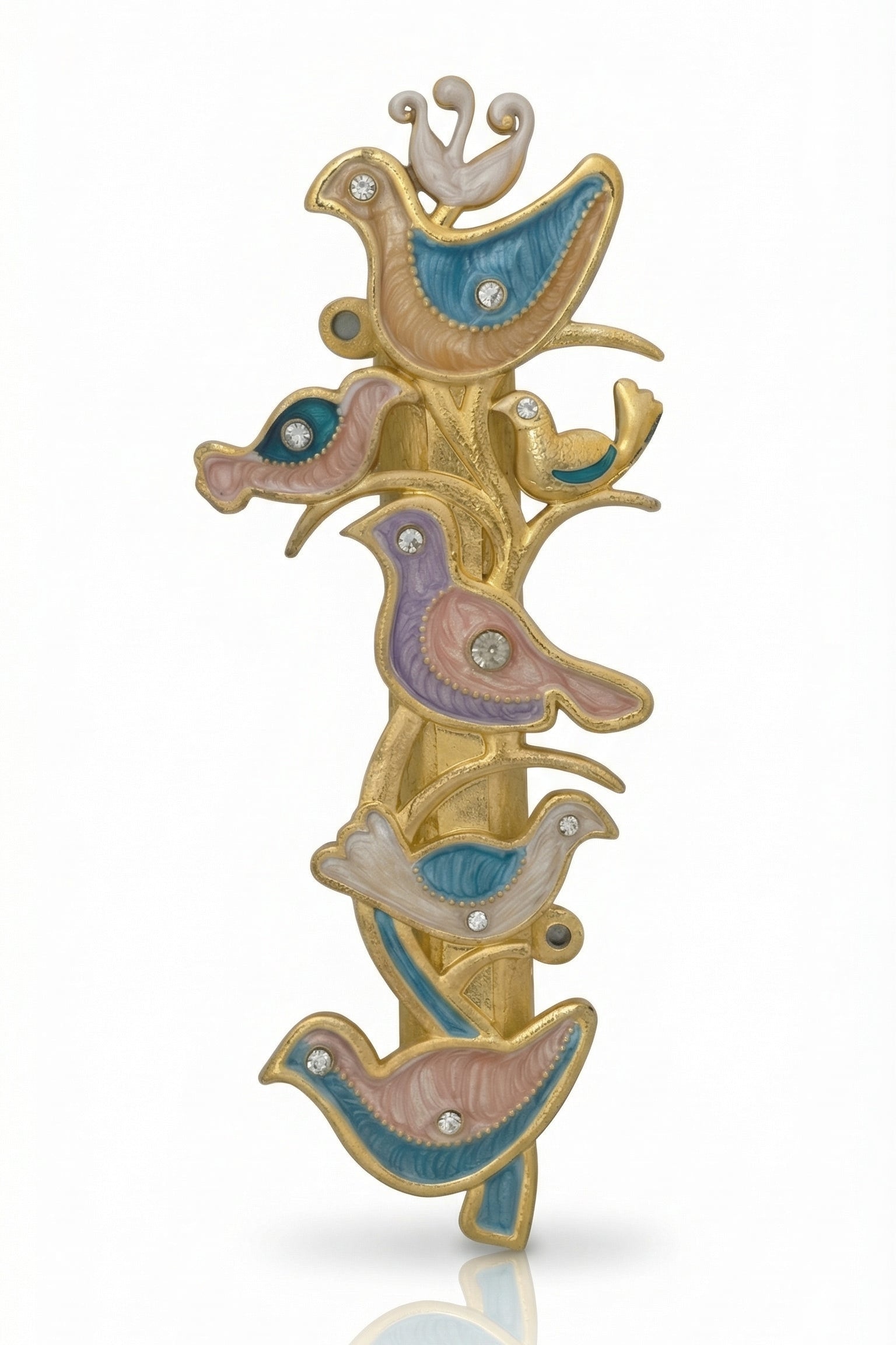Detailed image of The Shalom Birds Mezuzah made of pewter with enamel painting, displayed vertically on a clean white background with a subtle reflection.