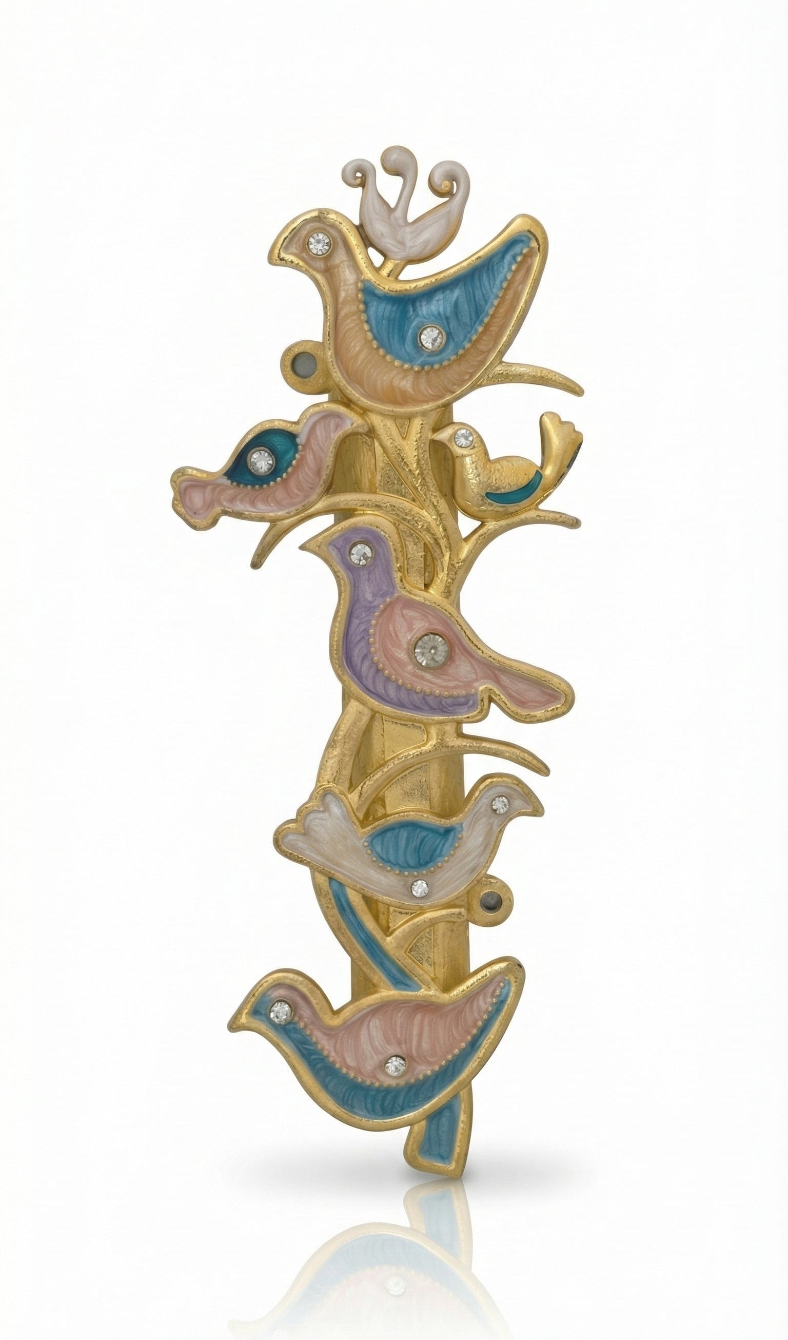Detailed image of The Shalom Birds Mezuzah made of pewter with enamel painting, displayed vertically on a clean white background with a subtle reflection.