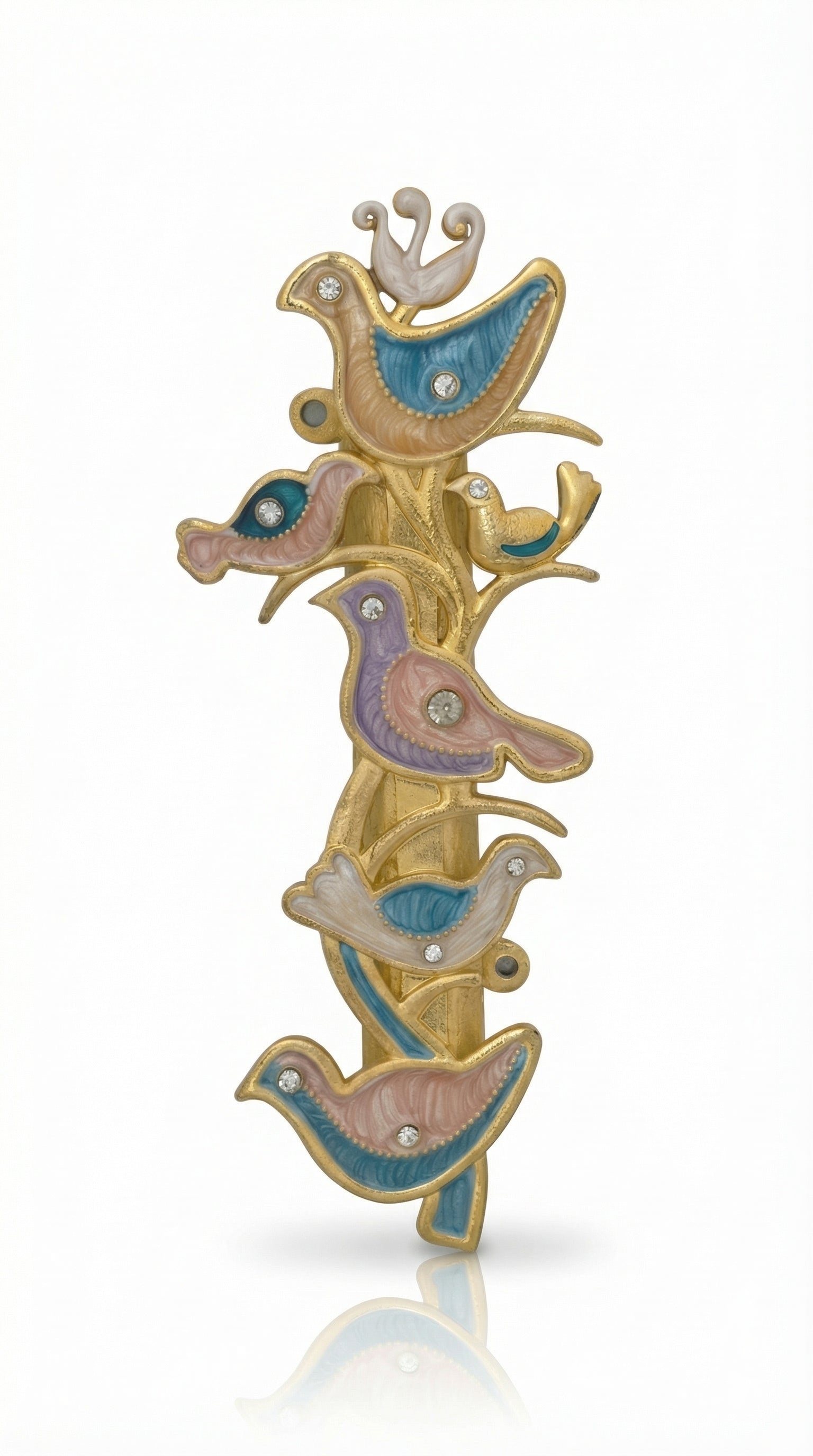 Detailed image of The Shalom Birds Mezuzah made of pewter with enamel painting, displayed vertically on a clean white background with a subtle reflection.