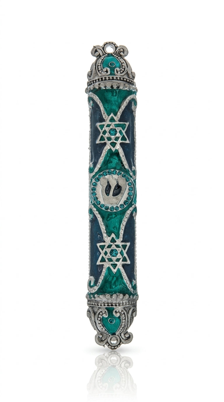 Elegant pewter mezuzah, hand-painted with enamel, 5 1/4 inches tall, designed for home doorways, with detailed Hebrew engravings.