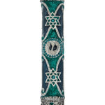 Elegant pewter mezuzah, hand-painted with enamel, 5 1/4 inches tall, designed for home doorways, with detailed Hebrew engravings.