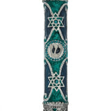 Elegant pewter mezuzah, hand-painted with enamel, 5 1/4 inches tall, designed for home doorways, with detailed Hebrew engravings.