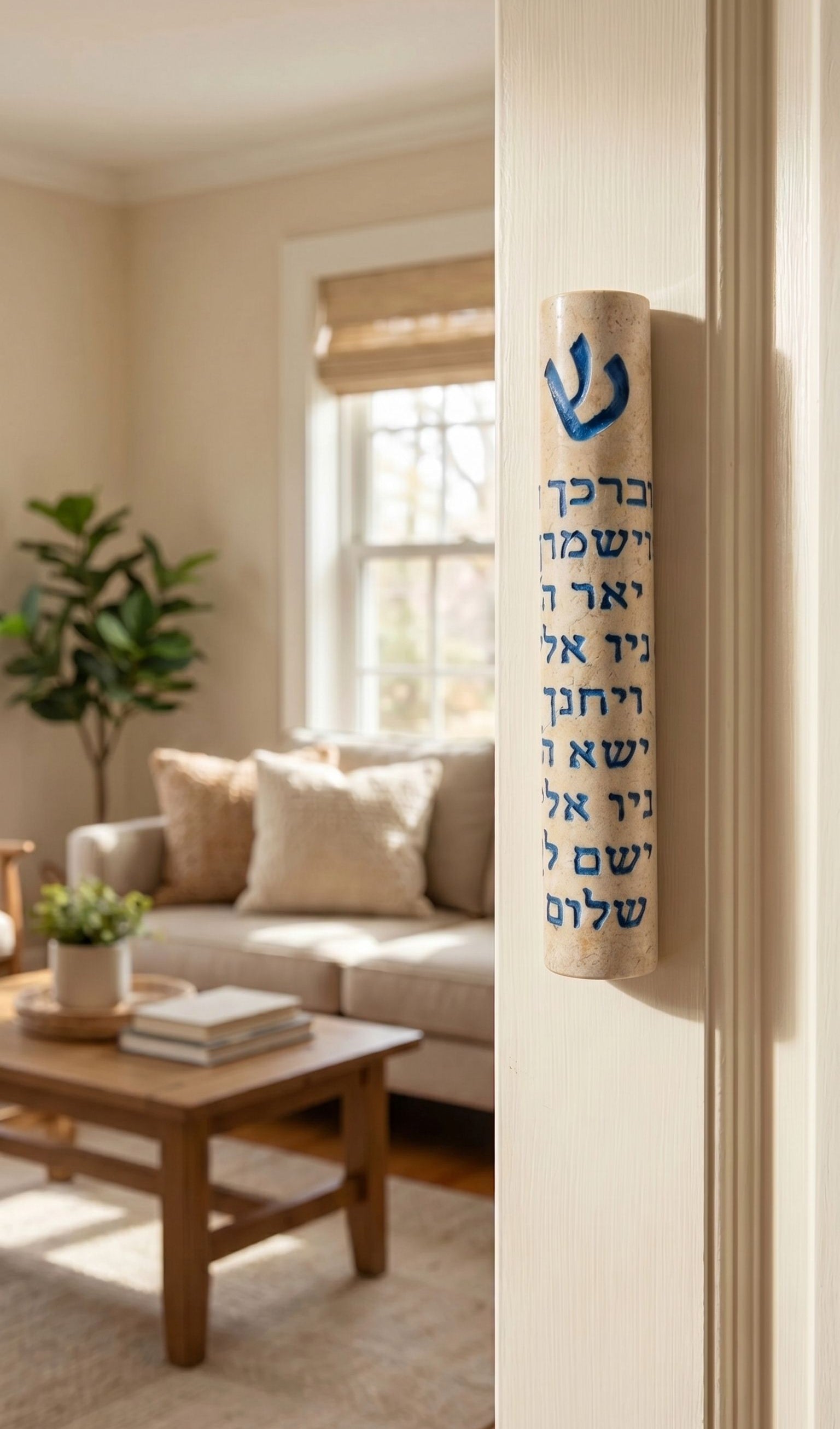 Threefold Blessing Jerusalem stone mezuzah case with blue Shin and full Hebrew Birkat Kohanim inscription mounted on modern indoor doorpost