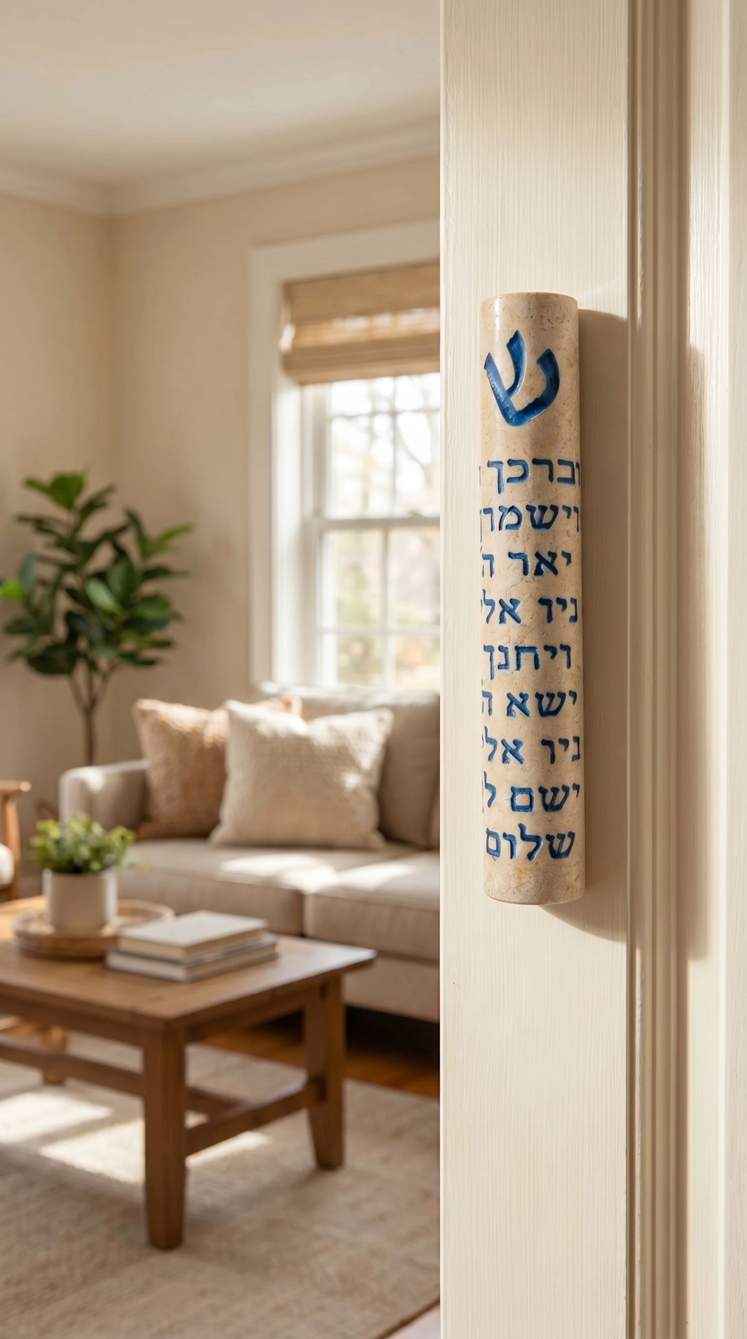 Threefold Blessing Jerusalem stone mezuzah case with blue Shin and full Hebrew Birkat Kohanim inscription mounted on modern indoor doorpost
